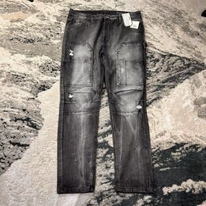 Southpole Y2k Skinny Jeans Mens 36x30 Ice Black Denim Distressed Mid Rise Biker